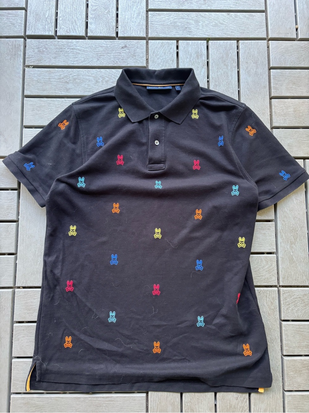 Psycho Bunny Black Polo with Multicolor Bunny Embroidery